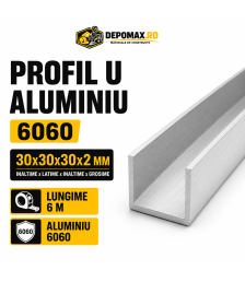 Profil U aluminiu 30 x 30 x 30 x 2 mm, 6 metri